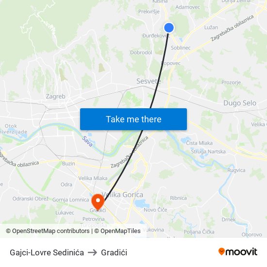 Gajci-Lovre Sedinića to Gradići map