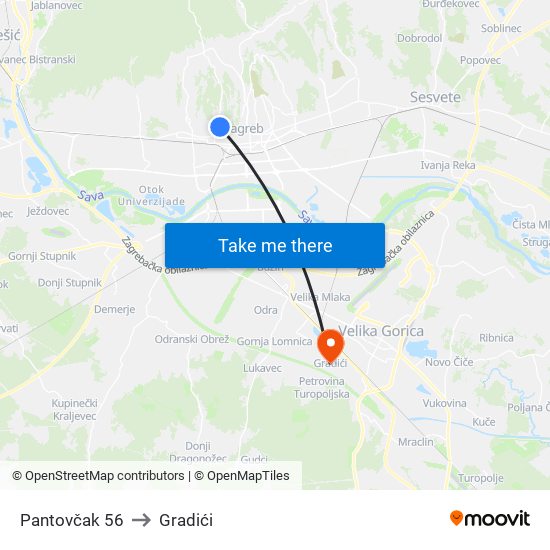 Pantovčak 56 to Gradići map