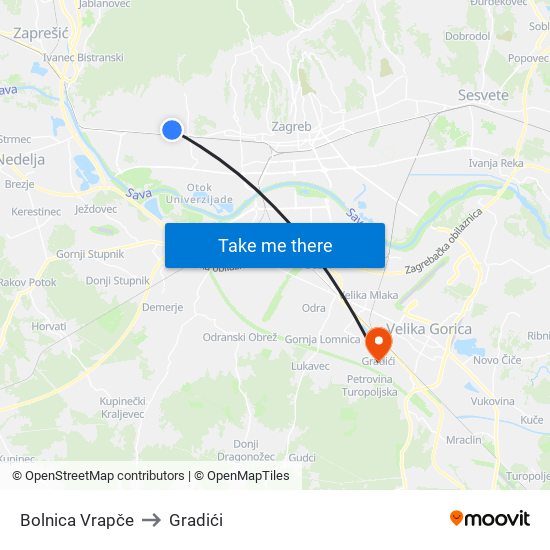 Bolnica Vrapče to Gradići map