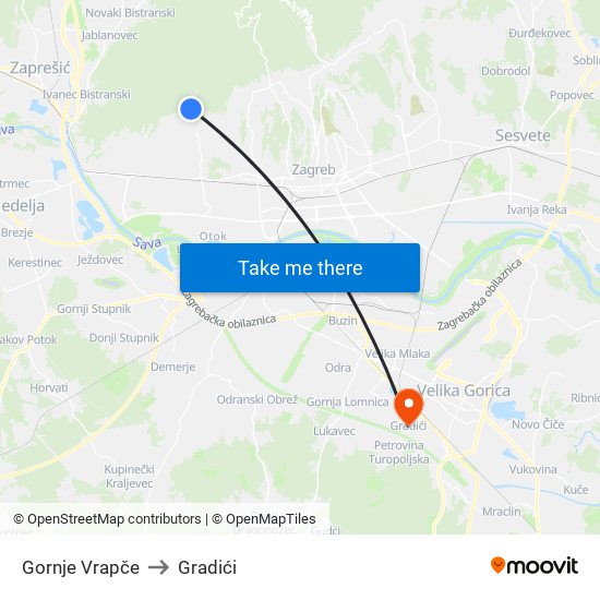 Gornje Vrapče to Gradići map