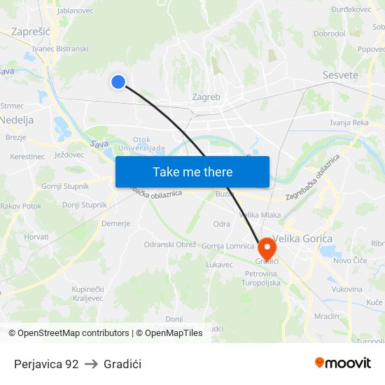 Perjavica 92 to Gradići map