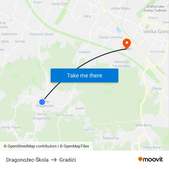 Dragonožec-Škola to Gradići map