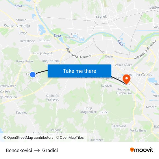 Bencekovići to Gradići map