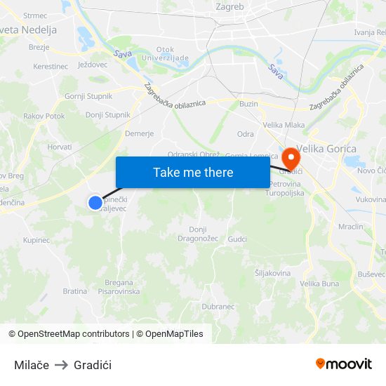 Milače to Gradići map