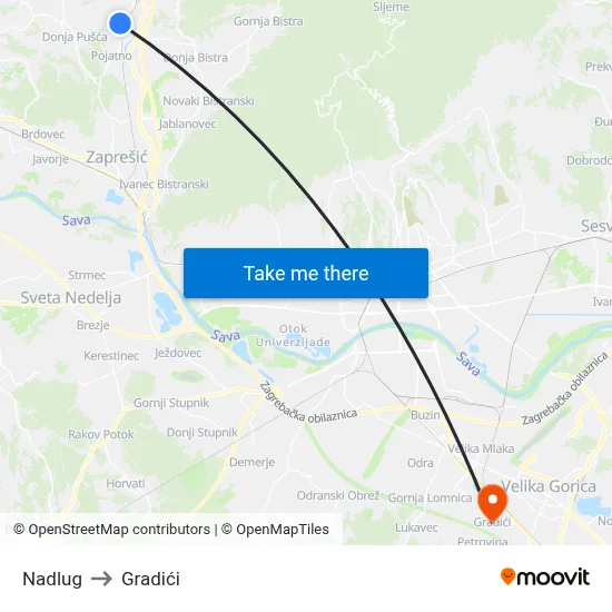 Nadlug to Gradići map