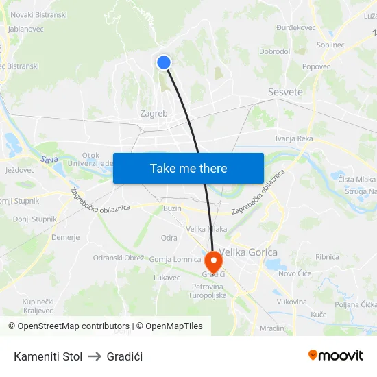 Kameniti Stol to Gradići map