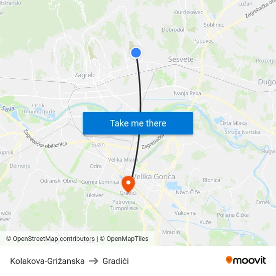 Kolakova-Grižanska to Gradići map