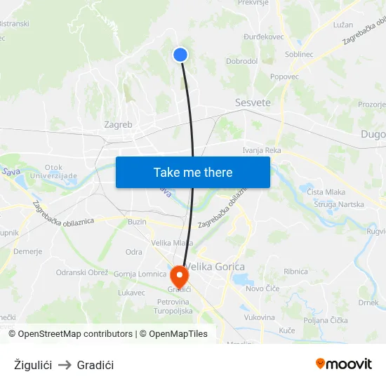 Žigulići to Gradići map