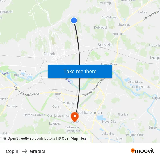 Čepini to Gradići map