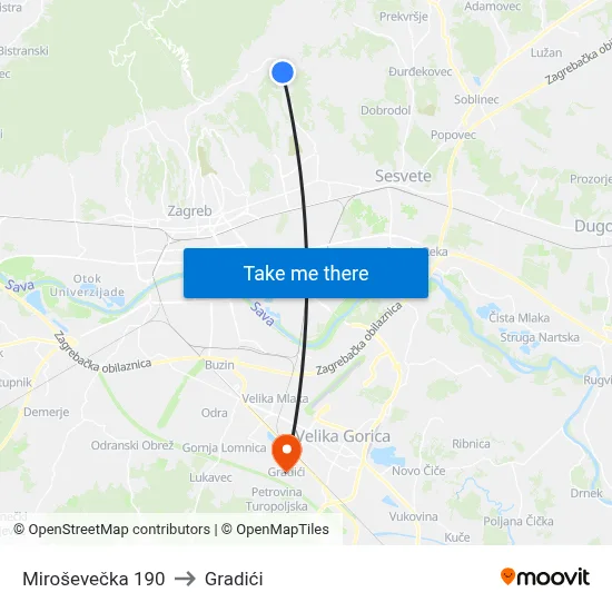Miroševečka 190 to Gradići map