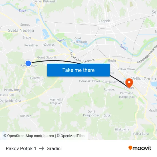 Rakov Potok 1 to Gradići map