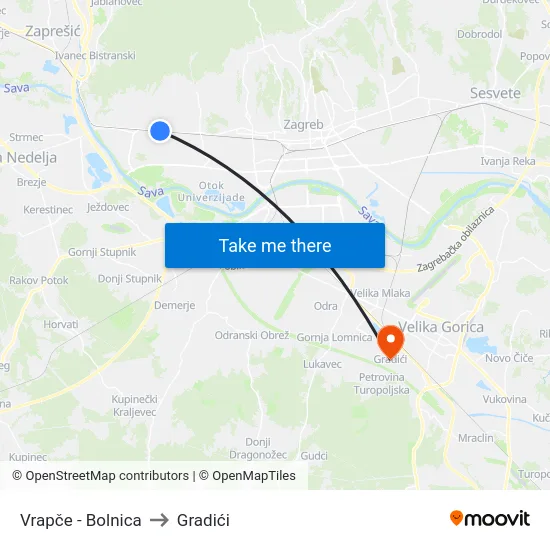 Vrapče - Bolnica to Gradići map