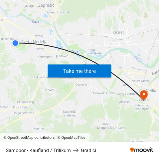 Samobor - Kaufland / Trilikum to Gradići map