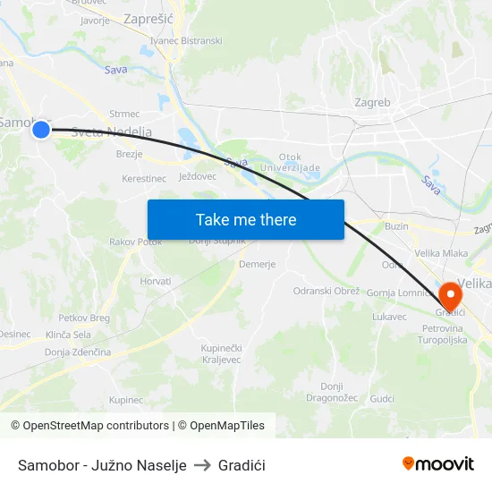 Samobor - Južno Naselje to Gradići map