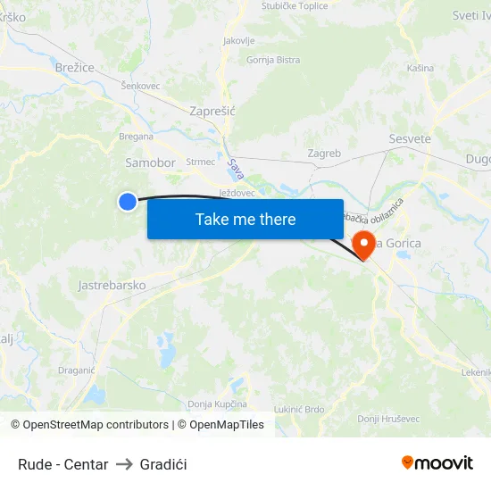 Rude - Centar to Gradići map