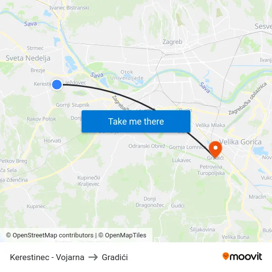 Kerestinec - Vojarna to Gradići map