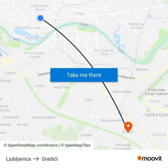 Ljubljanica to Gradići map