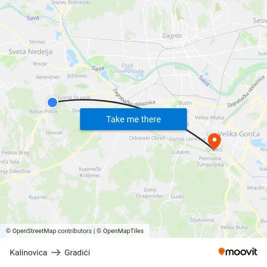 Kalinovica to Gradići map