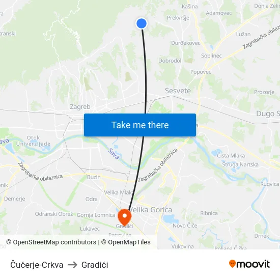 Čučerje-Crkva to Gradići map