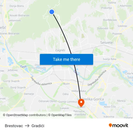 Brestovac to Gradići map