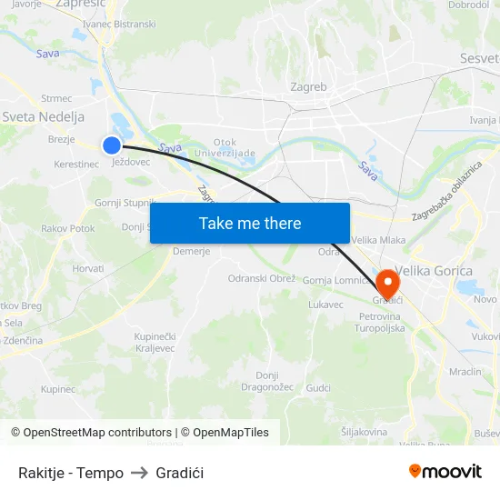 Rakitje - Tempo to Gradići map
