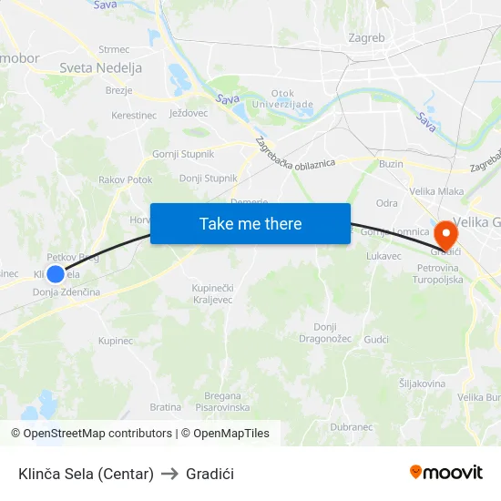 Klinča Sela (Centar) to Gradići map