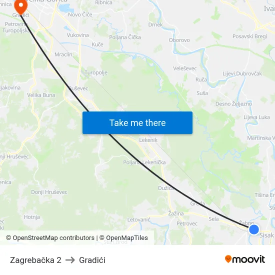 Zagrebačka 2 to Gradići map
