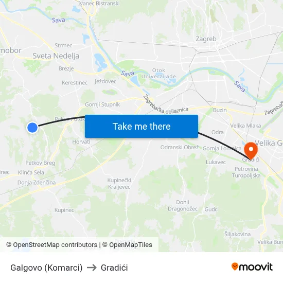 Galgovo (Komarci) to Gradići map