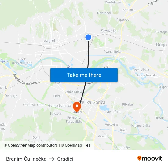 Branim-Čulinečka to Gradići map