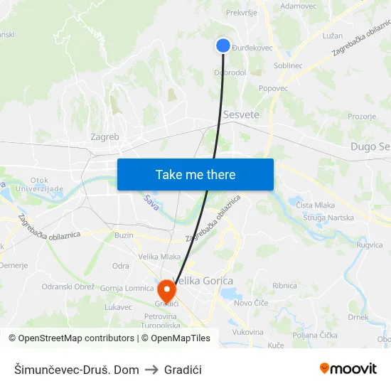 Šimunčevec-Druš. Dom to Gradići map