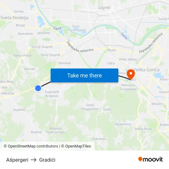 Ašpergeri to Gradići map