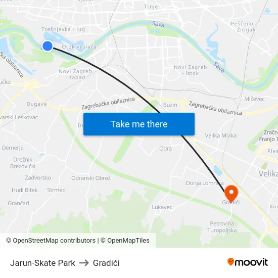 Jarun-Skate Park to Gradići map