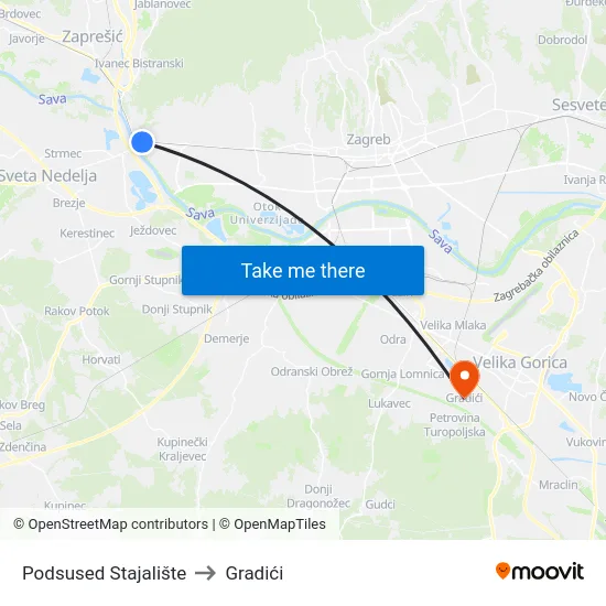 Podsused Stajalište to Gradići map