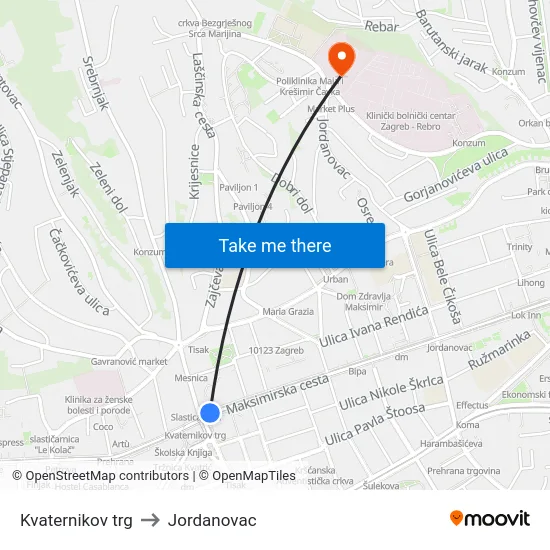 Kvaternikov trg to Jordanovac map