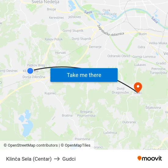 Klinča Sela (Centar) to Gudci map