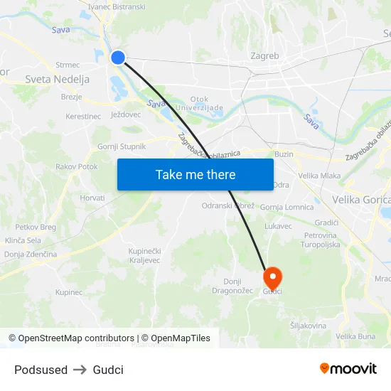 Podsused to Gudci map