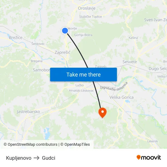 Kupljenovo to Gudci map