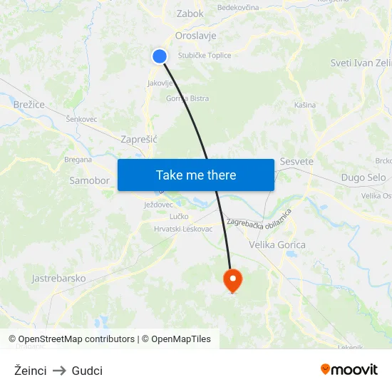 Žeinci to Gudci map