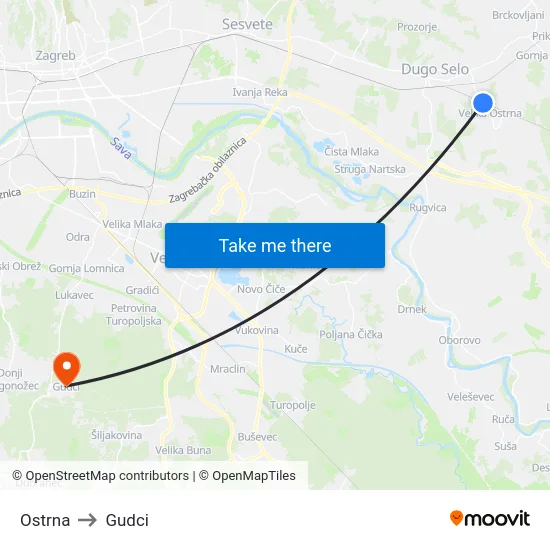 Ostrna to Gudci map