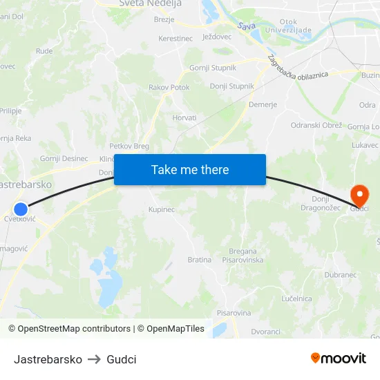 Jastrebarsko to Gudci map