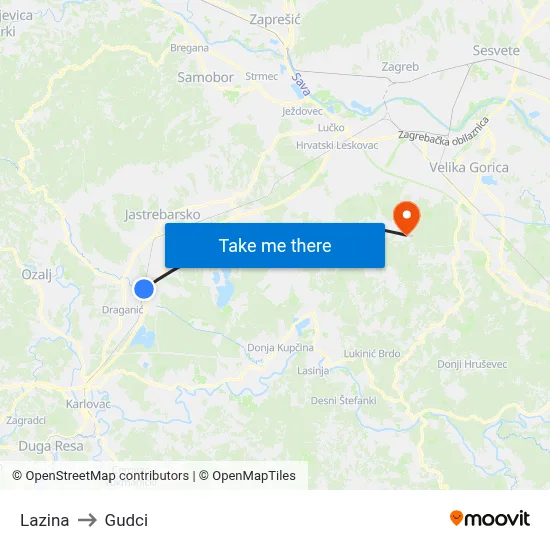 Lazina to Gudci map