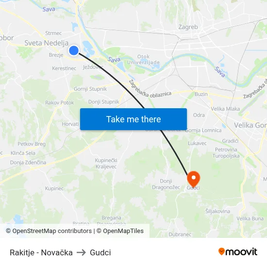 Rakitje - Novačka to Gudci map