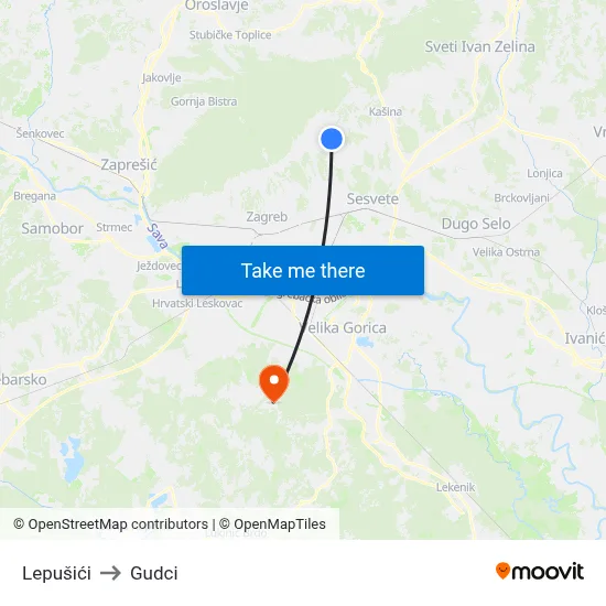 Lepušići to Gudci map