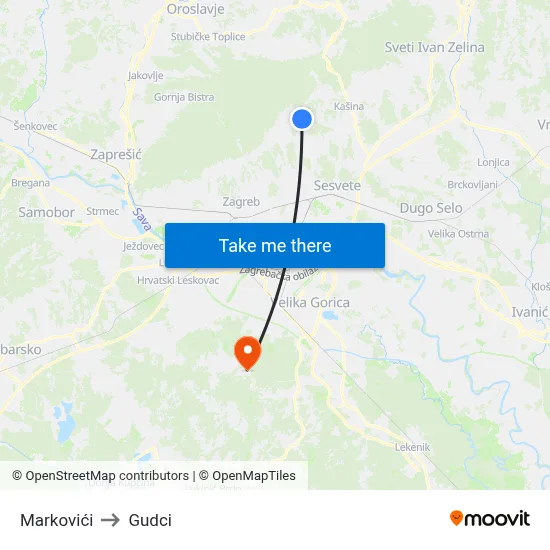 Markovići to Gudci map
