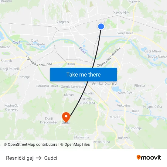 Resnički gaj to Gudci map