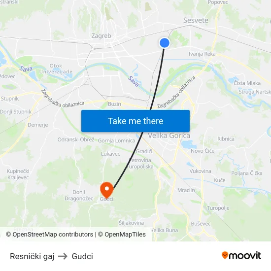 Resnički gaj to Gudci map
