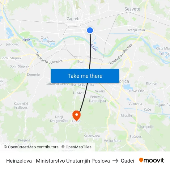 Heinzelova - Ministarstvo Unutarnjih Poslova to Gudci map