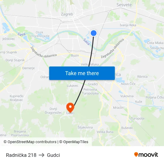 Radnička 218 to Gudci map