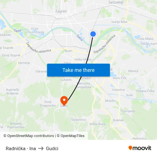 Radnička - Ina to Gudci map