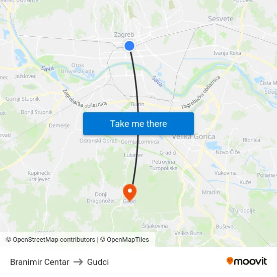 Branimir Centar to Gudci map